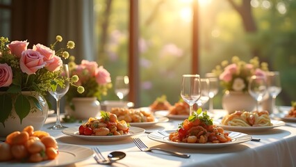 Elegant Pasta Dishes on a Beautifully Decorated Table with Flowers and Fine Dining Setting