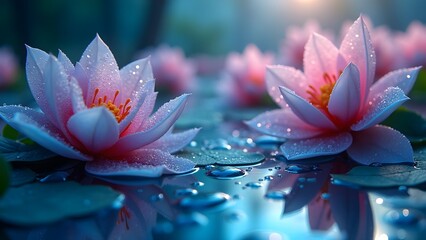 Dreamy Lotus Blossoms with Water Droplets and Reflections on a Serene Pond