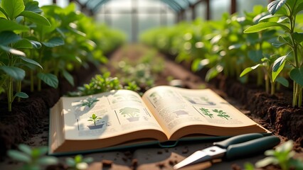 Gardening Guide in Greenhouse with Seedlings and Pruning Shears