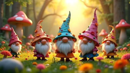 Playful Garden Gnomes in a Sunny Meadow with Colorful Hats and Mushrooms