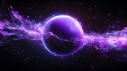 Obraz premium A vibrant purple sphere, seemingly a planet, is enveloped by swirling, luminous purple and blue nebulae in a deep space setting