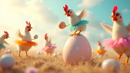 Whimsical Easter: Chickens in Tutus with Decorated Eggs in Sunny Field
