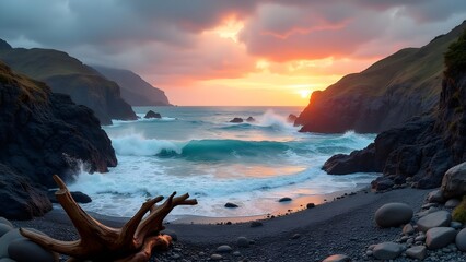 Stunning Coastal Scene: Waves Crashing on Rocky Beach at Sunset