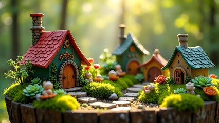 Fototapeta premium Enchanting Miniature Fairy Village Display: Tiny Houses, Gardens, and Stone Pathways