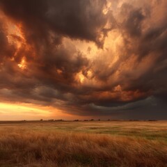 Fototapeta premium Dramatic sunset over golden grassland with storm clouds approaching in rural landscape under warm light