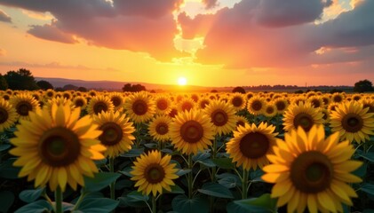 Sun sets ablaze, casting long shadows across a sea of sunflowers , beautiful, shadows
