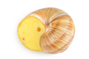 Dijon escargot snail filled with butter, garlic, Dijon mustard and cheese isolated on white background. Top view