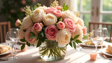 Elegant floral arrangement of pink & ivory roses in a glass vase on a table for a romantic indoor celebration.