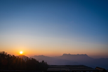 Beautiful landscape of sunrise at Doi Luang Chiang Dao Mountain Peak viewpoint in the National Park has and important ecosystem. It is the second-highest mountain in Chiang Mai, Thailand.