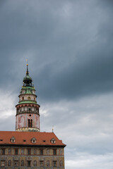 Historic tower with cloudy dramatic sky