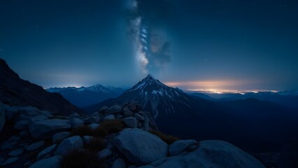 Majestic Mountain Under the Milky Way at Night.Snowy peaks under a starry sky, with city lights on the horizon.