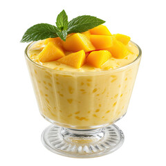 Delicious Mango Sago Pudding in Glass Dessert Cup on transparent background