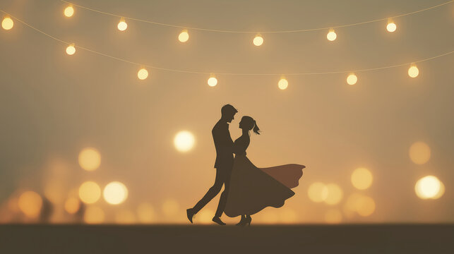 Silhouettes of young couple dancing under warm string lights at evening event.