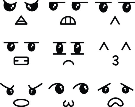 Set of kawaii faces, face expressions, isolated flat graphics, funny and cute faces