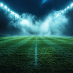 Obraz premium Mystical empty football stadium field glowing under dramatic bright floodlights and smoke at night