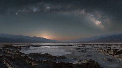 Obraz premium Vast Realistic Landscape at Night Under Clear Sky with Milky Way and Distant Mountains