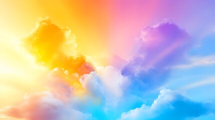 Vibrant, colorful cloudscape; warm yellows and oranges blend with cool blues and purples, creating a dreamy, ethereal atmosphere