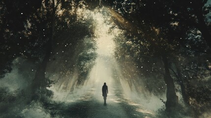 Fototapeta premium Enigmatic Path: A Solitary Figure Walks Towards the Light