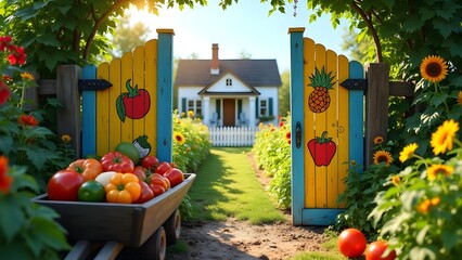 Colorful Garden Gate with Harvested Vegetables leading to Idyllic Home