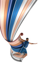 Male basketball player in blue jersey and shorts mid-air with ball against white background with...