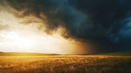 A landscape with dark storm clouds on one side and bright sunshine on the other