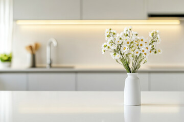 White daisies in a vase decorating a modern kitchen table