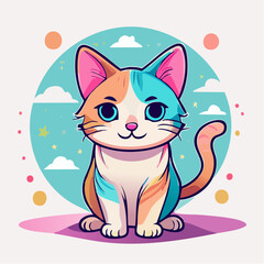Fototapeta premium Cute Cartoon Calico Cat Sitting Outdoors with Colorful Background