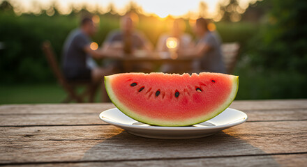 Fresh watermelon slice on a plate with a blurred group of friends enjoying sunset in the background