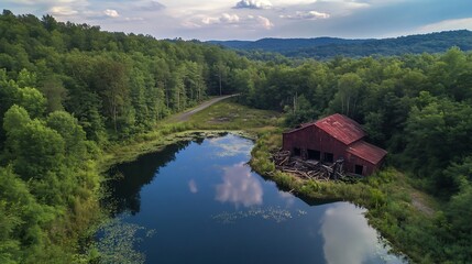 Obraz premium Red wooden barn sits by a small pond in a green forest for a rural landscape banner.