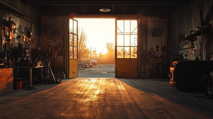 Fototapeta premium Golden Hour in the Old Workshop: A nostalgic sunset illuminates a vintage garage, filled with tools and memories of craftsmanship.