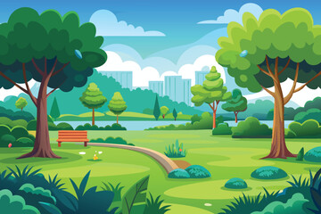 Naklejka premium Green lawn with park in summer vector illustration