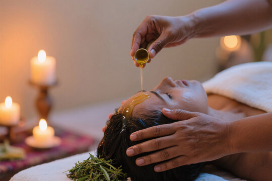 Shiro Abhyanga Herbal Oil Head Massage for Anxiety Relief, Dripping Warm Oil on Scalp, Therapist&rsquo;s Hands in Peaceful Candlelit Environment