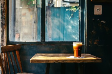 Cozy corner in a cafe with a glass of iced coffee sitting on a wooden table beside a window letting in natural light, creating a serene ambiance for relaxation and enjoyment.