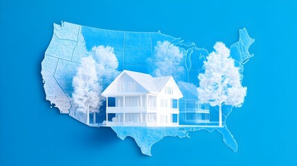 A minimalist white house model sits nestled within a cutout of a US map on a bright blue background, representing real estate or national homeownership