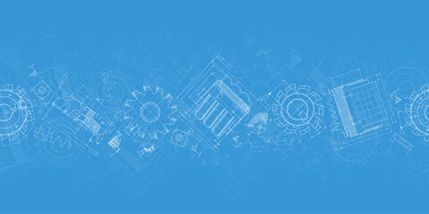 Mechanical engineering drawings on blue background. Cutting tools, milling cutter. Technical Design. Cover. Blueprint. Horizontal seamless pattern. Vector illustration. © Katsiaryna
