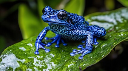 Obraz premium Vibrant blue frog perched on a green leaf
