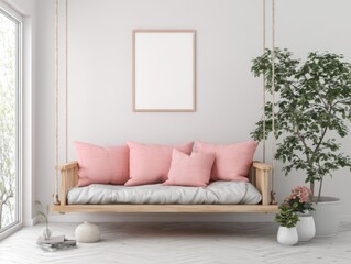 Indoor Swing with Pink Pillows and Plants in Bright Room Interior Design Lifestyle Still Life