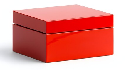 A vibrant red, square, glossy box with a subtly defined lid, sitting on a white background