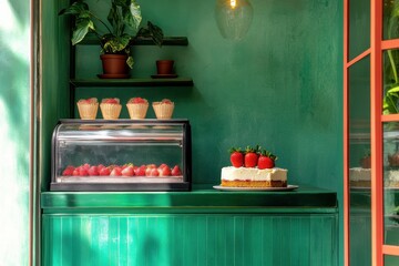 Cozy Dessert Display in a Green Cafe Featuring Fresh Strawberries, Delicious Cupcakes, and a Creamy Cheesecake on a Stylish Countertop