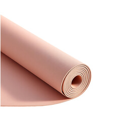 Rolled up blush pink yoga mat, fitness equipment.