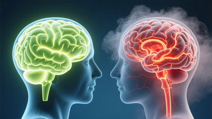Side-by-Side Digital Illustration of Healthy Glowing Brain and Inflamed Brain with Highlighted Inflammation Pathways, Functional Neurology Educational Concept