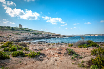 Natural view of the rocks and sea in Malta. Coral Lagoon.