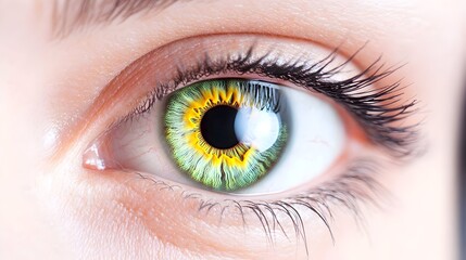 Fototapeta premium Close-up of a vibrant green eye with a striking yellow-gold ring around the pupil, detailed eyelashes, and soft skin tones