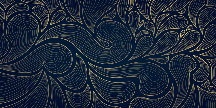 Naklejki Vector art deco line golden leaves background. Fancy luxury exotic foliage print, nature jungle elegant graphic, nouveau ornate pattern.