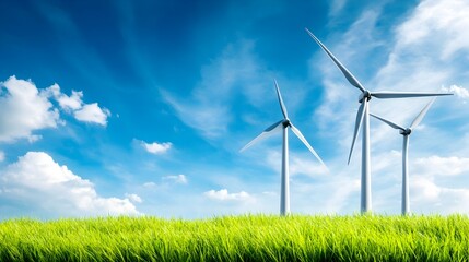 Three wind turbines stand in a vibrant green field under a bright blue sky with fluffy white clouds