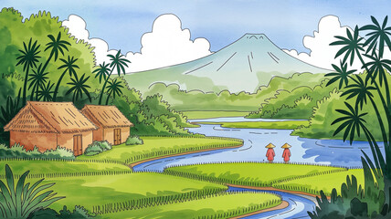 Obraz premium Illustrated Tropical Landscape with Figures Serene ai generated images ai generative watercolor illustration