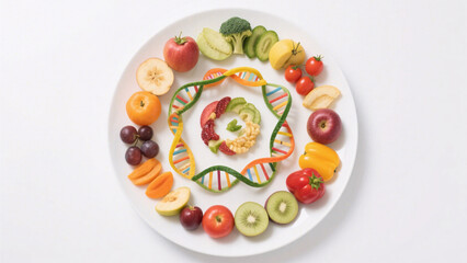 Top View Healthy Food Spiral – Whole Foods in Colorful DNA Pattern on White Plate with Natural Light and White Background