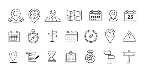 Time, Location, Navigation & Scheduling Icons Set of Editable Line in Style Vector Illustrations on White Background