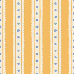 Regency striped seamless floral pattern with forget-me-nots. Hand drawn print in a cute, pastel, vintage coquette aesthetic, perfect for fabric, wallpaper, wrapping and romantic cottage core designs.