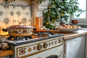 Cozy Holiday Kitchen Scene with Traditional Cooking Pot, Snowy Counter, Festive Decor, and Warm Lighting Showcasing Culinary Charm and Winter Atmosphere